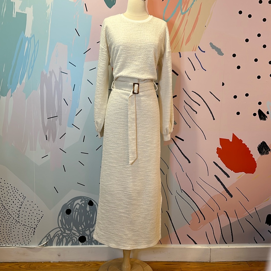 Anthropologie 90’s-Minimalist-Style Slub-Cotton-Knit Cream Maxi Dress With Belt